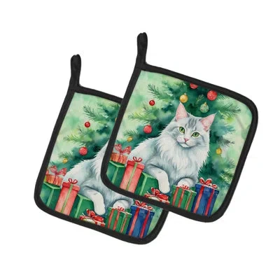 Caroline's Treasures Turkish Angora Cat By The Christmas Tree Pair Of Pot Holders In Multicolor