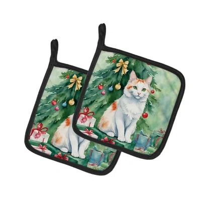 Caroline's Treasures Turkish Van Cat By The Christmas Tree Pair Of Pot Holders In Multicolor