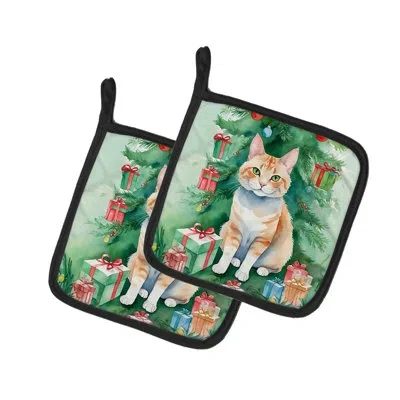 Caroline's Treasures Ural Rex Cat By The Christmas Tree Pair Of Pot Holders In Multicolor