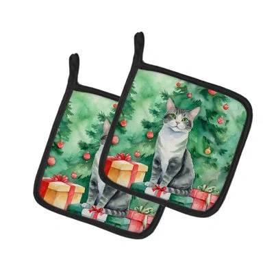 Caroline's Treasures Ural Rex Cat By The Christmas Tree Pair Of Pot Holders In Multicolor