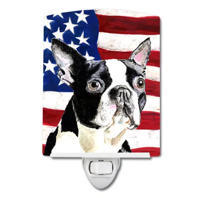 Caroline's Treasures Usa American Flag With Boston Terrier Ceramic Night Light In White