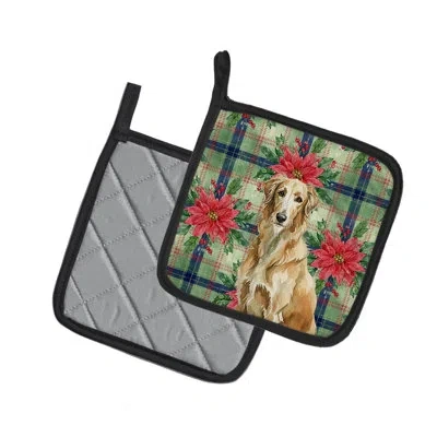 Caroline's Treasures Wheaten Scottish Deerhound Christmas Poinsettas Pair Of Pot Holders In Multi