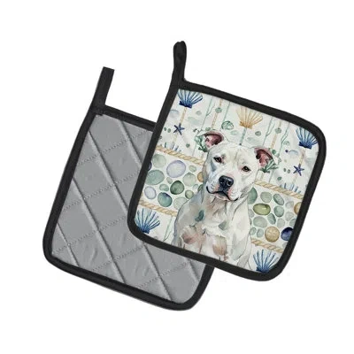Caroline's Treasures White American Staffordshire Terrier Coastal Sea Glass Pair Of Pot Holders In Multicolor