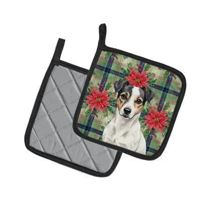 Caroline's Treasures White And Black Jack Russell Terrier Christmas Poinsettas Pair Of Pot Holders In Multi