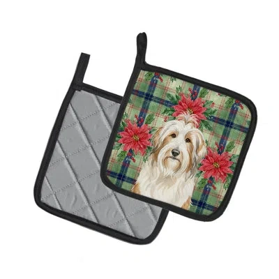 Caroline's Treasures White And Tan Bearded Collie Christmas Poinsettas Pair Of Pot Holders In Multicolor