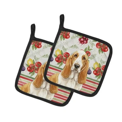 Caroline's Treasures White Basset Hound Vegetables Pair Of Pot Holders In Lemon,white