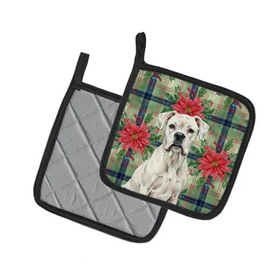Caroline's Treasures White Boxer Christmas Poinsettas Pair Of Pot Holders In Multicolor