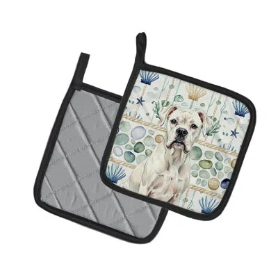 Caroline's Treasures White Boxer Coastal Sea Glass Pair Of Pot Holders In Multicolor