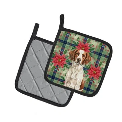 Caroline's Treasures White Brittany Christmas Poinsettas Pair Of Pot Holders In Tan,white