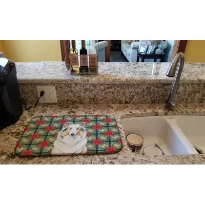 Caroline's Treasures White Collie Christmas Poinsettias Dish Drying Mat In Natural