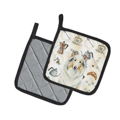 Caroline's Treasures White Collie Coffee Bar Pair Of Pot Holders In Multicolor