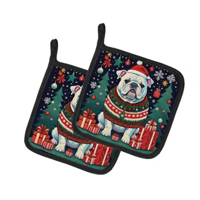 Caroline's Treasures White English Bulldog Christmas Pair Of Pot Holders In Multicolor