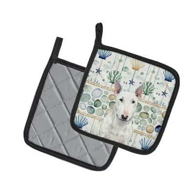 Caroline's Treasures White Miniature Bull Terrier Coastal Sea Glass Pair Of Pot Holders In Multicolor