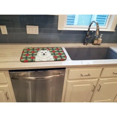 Caroline's Treasures White Samoyed Christmas Poinsettias Dish Drying Mat In Natural