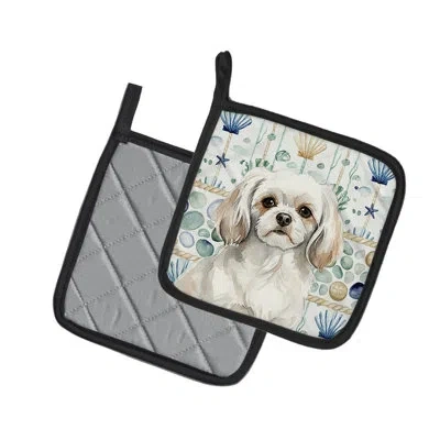 Caroline's Treasures White Tibetan Spaniel Coastal Sea Glass Pair Of Pot Holders In Multicolor