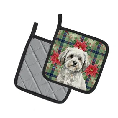 Caroline's Treasures White With Gray Coton De Tulear Christmas Poinsettas Pair Of Pot Holders In Multi