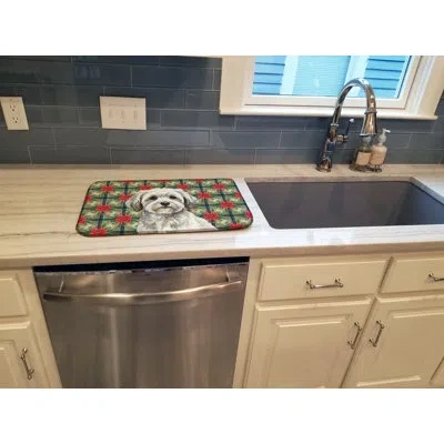 Caroline's Treasures White With Gray Coton De Tulear Christmas Poinsettias Dish Drying Mat In Natural
