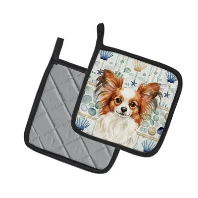 Caroline's Treasures White With Red Papillon Coastal Sea Glass Pair Of Pot Holders In Multicolor