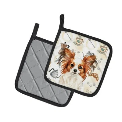 Caroline's Treasures White With Red Papillon Coffee Bar Pair Of Pot Holders In Multicolor