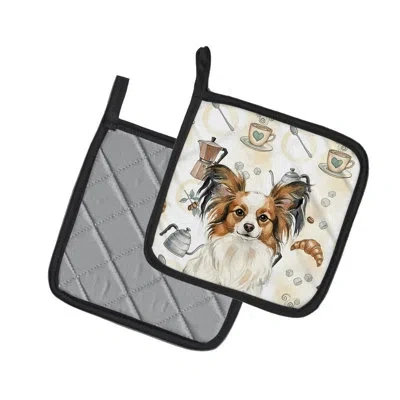 Caroline's Treasures White With Sable Papillon Coffee Bar Pair Of Pot Holders In Multicolor