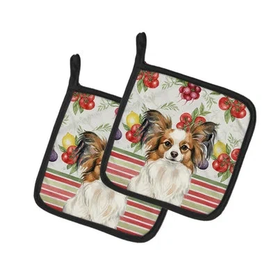 Caroline's Treasures White With Sable Papillon Vegetables Pair Of Pot Holders In Multicolor