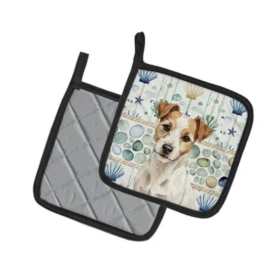 Caroline's Treasures White With Tan Markings Russell Terrier Coastal Sea Glass Pair Of Pot Holders In Multicolor