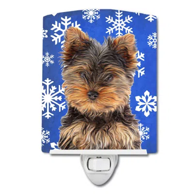Caroline's Treasures Winter Snowflakes Holiday Yorkie Puppy / Yorkshire Terrier Ceramic Night Light In Blue