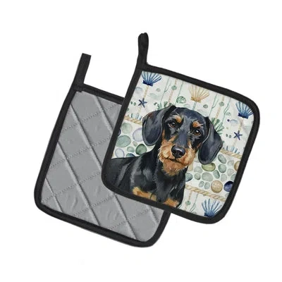 Caroline's Treasures Wirehaired Black And Tan Dachshund Coastal Sea Glass Pair Of Pot Holders In Multicolor