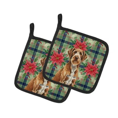 Caroline's Treasures Wirehaired Pointing Griffon Christmas Poinsettas Pair Of Pot Holders In Multi