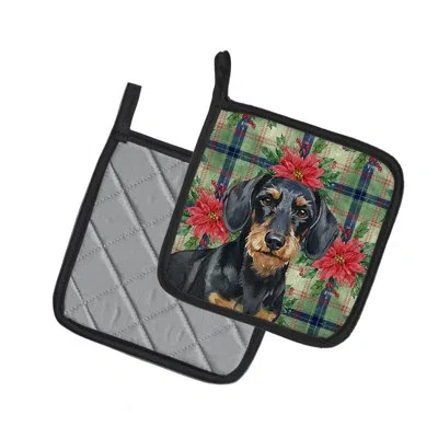 Caroline's Treasures Wirehaired Wild Boar Dachshund Christmas Poinsettas Pair Of Pot Holders In Multi