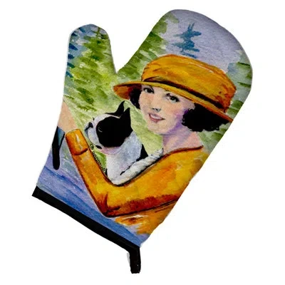 Caroline's Treasures Woman Driving With Her Boston Terrier Oven Mitt In Green;orange