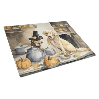 Caroline's Treasures Yellow Lab Fall Kitchen Pumpkins Glass Cutting Board Large