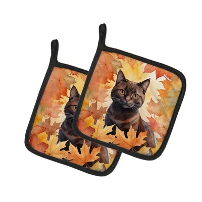 Caroline's Treasures York Chocolate Cat In Fall Leaves Pair Of Pot Holders In Multicolor