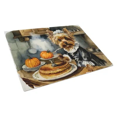 Caroline's Treasures Yorkie Fall Kitchen Pumpkins Glass Cutting Board Large