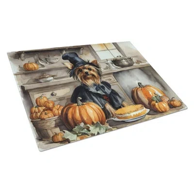 Caroline's Treasures Yorkie Fall Kitchen Pumpkins Glass Cutting Board Large
