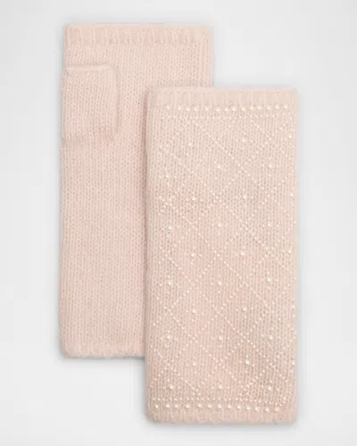 Carolyn Rowan Cashmere Fingerless Gloves W/ Faux Pearls In Pink