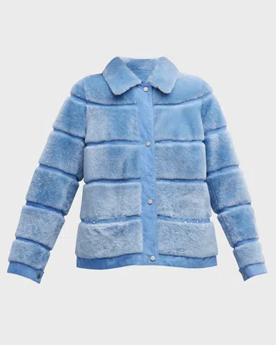 Carolyn Rowan For Gorski Chrystal Embellished Horizontal Lamb Shearling Bomber Jacket In Sky Blue