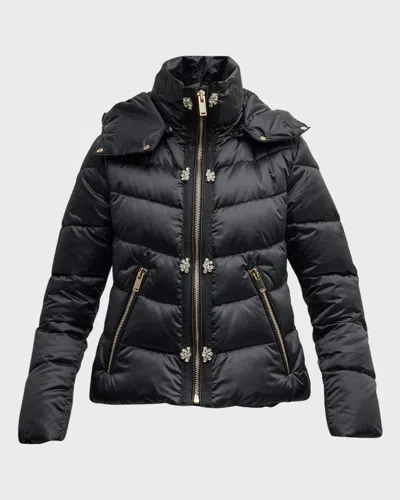 Carolyn Rowan For Gorski Crystal Embellished Quilted Down Ski Jacket With Detachable Hood In Black
