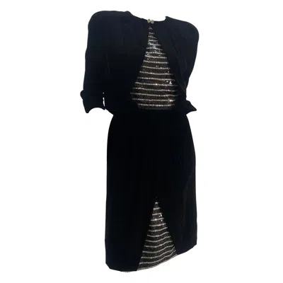 Pre-owned Carolyne Roehm 1980  Black Velvet Cocktail Dress W/ Rhinestone & Sequin Stripes