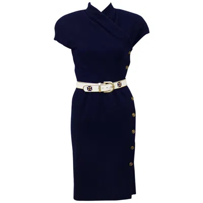 Pre-owned Carolyne Roehm 1980's  Navy Blue Wool Dress With Belt