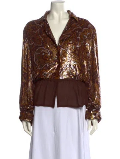 Pre-owned Carolyne Roehm Printed Long Sleeve Blouse In Brown