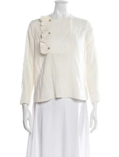 Pre-owned Caron Callahan Crew Neck Long Sleeve Blouse In White