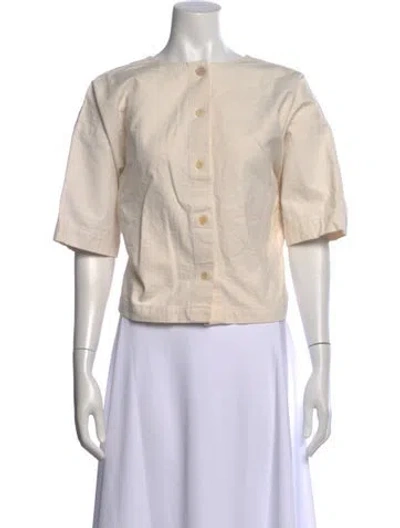 Pre-owned Caron Callahan Crew Neck Short Sleeve Button-up Top In Neutral
