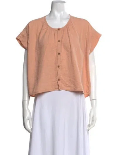 Pre-owned Caron Callahan Crew Neck Short Sleeve Button-up Top In Orange