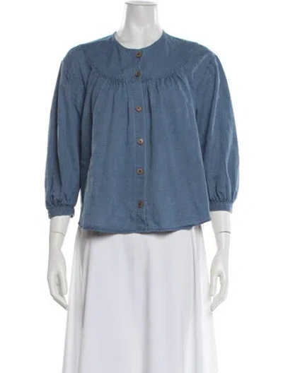 Pre-owned Caron Callahan Crew Neck Three-quarter Sleeve Blouse In Blue