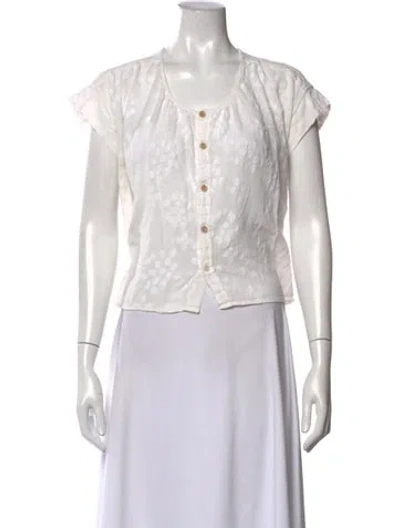 Pre-owned Caron Callahan Floral Print Crew Neck Blouse In White