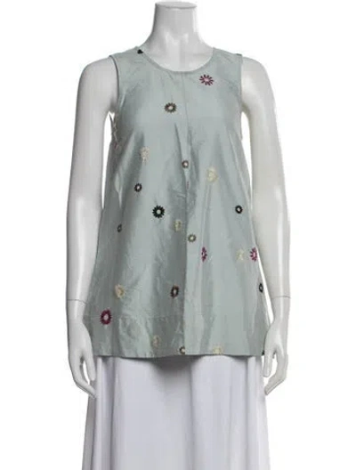 Pre-owned Caron Callahan Floral Print Crew Neck Top In Green