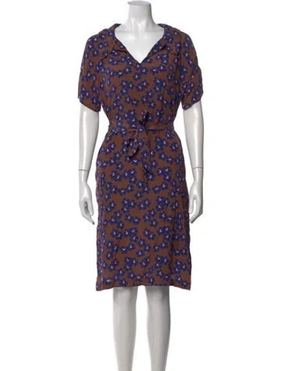 Pre-owned Caron Callahan Floral Print Knee-length Dress In Brown