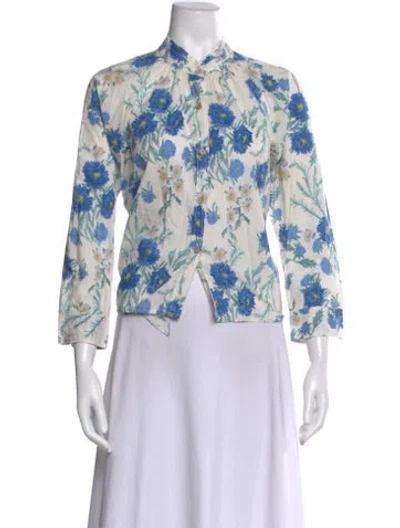 Pre-owned Caron Callahan Floral Print Long Sleeve Blouse In White