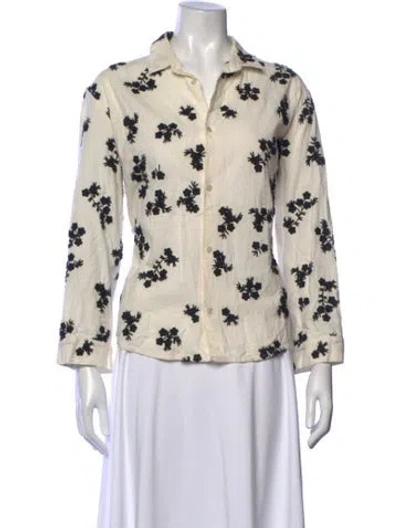 Pre-owned Caron Callahan Floral Print Long Sleeve Button-up Top In Neutrals